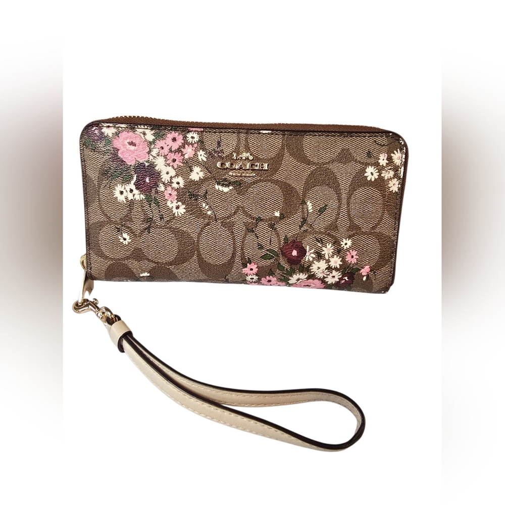 Coach Long Zip Brown Signature Floral Wristlet Wallet